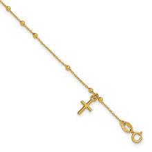 Load image into Gallery viewer, 14k Yellow Gold 7&quot; Beaded Dangling Cross Bracelet
