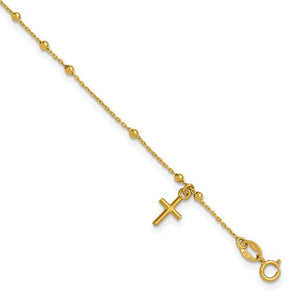 14k Yellow Gold 7" Beaded Dangling Cross Bracelet