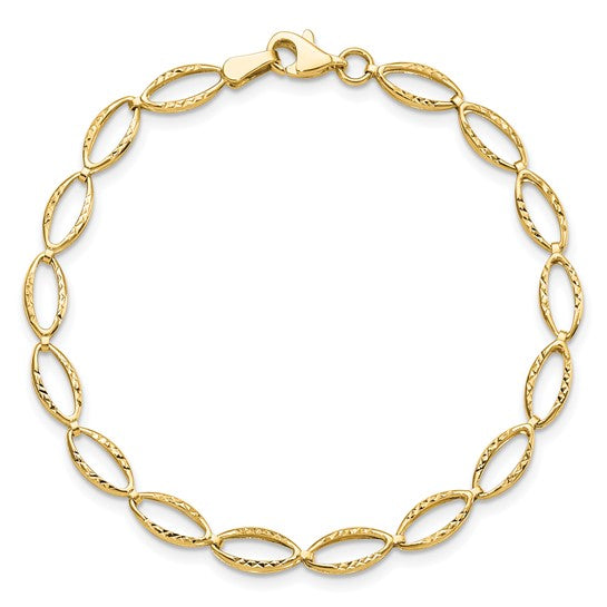 14k Yellow Gold Polished and Diamond Cut Oval Link Bracelet