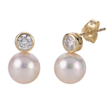 Load image into Gallery viewer, 14k Yellow Gold High Luster Akoya Cultured Pearl and Diamond Stud Earrings
