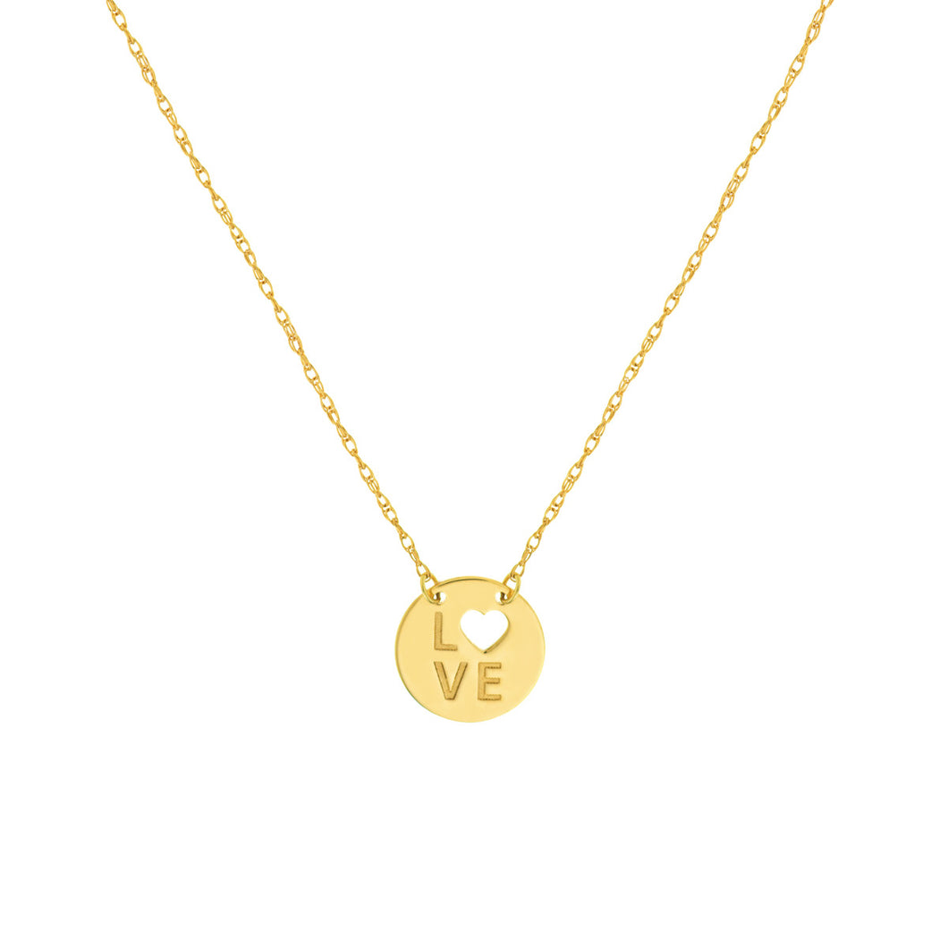 14k Yellow Gold Cutout Heart/Love Mini Disc Necklace