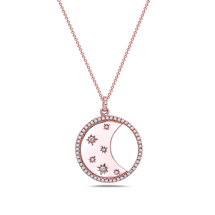 14k Rose Gold Diamond Moon and Stars Necklace