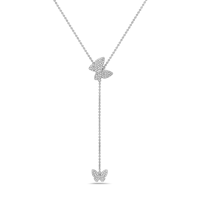 14k White Gold Diamond Butterfly Drop Necklace