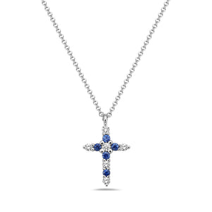 14k White Gold Diamond and Sapphire Cross Necklace