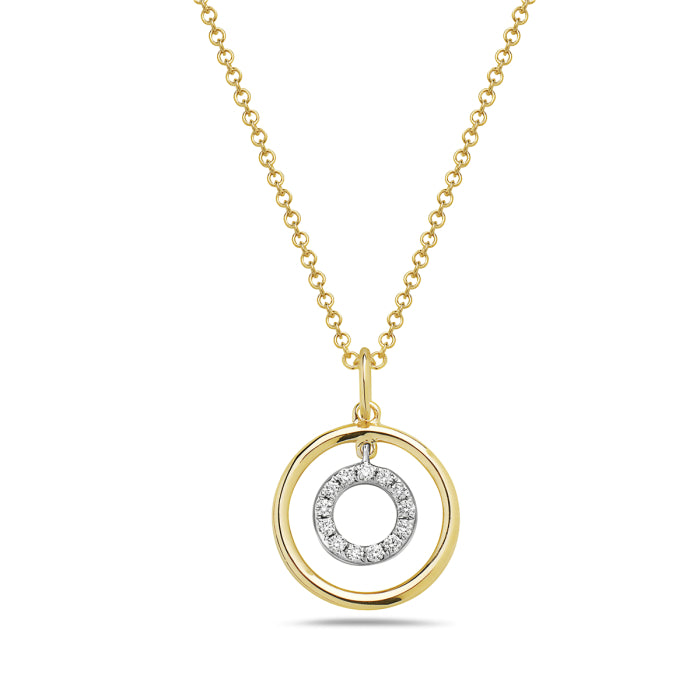 14k Yellow Gold Open Circle with Inner Diamond Dangle Circle Necklace