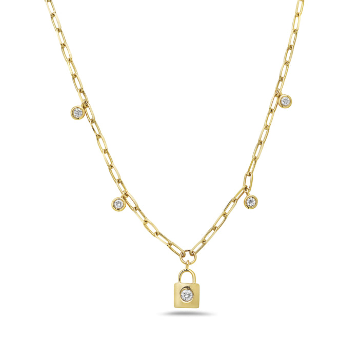 14k Yellow Gold Diamond Lock Neclace on a Paperclip Chain