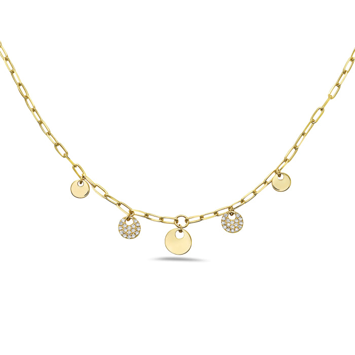 14k Yellow Gold Diamond Multi-Circle Neclace on a Paperclip Chain