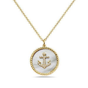 14k Yellow Gold Mother of Pearl and Diamond Anchor Necklace