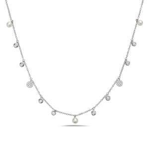 14k White Gold 18" Diamond and Pearl Necklace