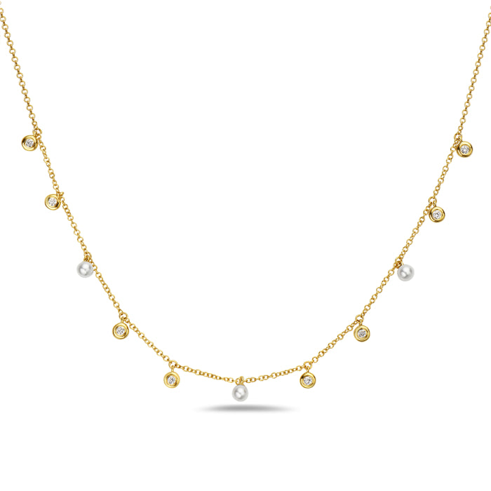 14k Yellow Gold Fresh Water Pearl and Diamond Dangle Necklace