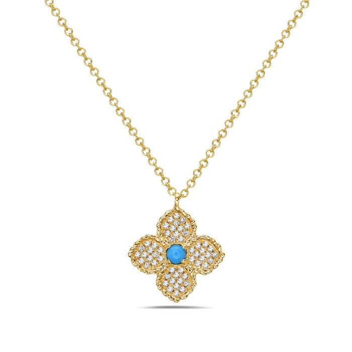 14k Yellow Gold Diamond and Turquoise Flower Necklace