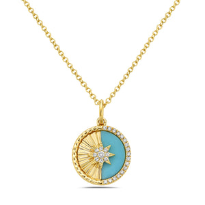 14k Yellow Gold Diamond and Torquoise Round Sun Pendant on a 16-18" Chain