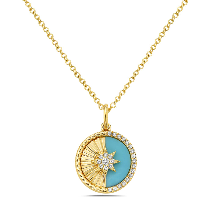 14k Yellow Gold Diamond and Torquoise Round Sun Pendant on a 16-18