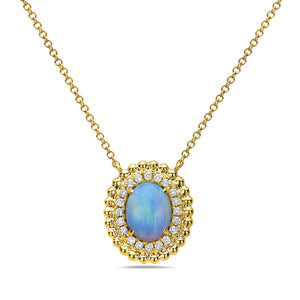 14k Yellow Gold Horizontal Oval Opal with a Diamond and Gold Ball Double Row Halo