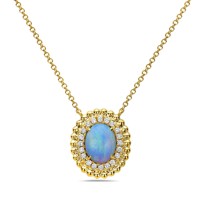 14k Yellow Gold Horizontal Oval Opal with a Diamond and Gold Ball Double Row Halo