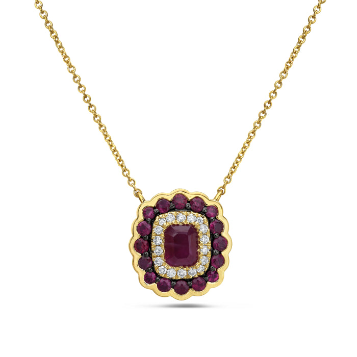 14k Yellow Gold Ruby and Diamond Pendant on an adjustable 16-18