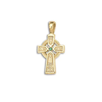 14k Yellow Gold Small Celtic Cross with Emerald Pendant