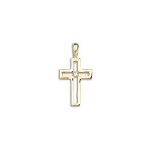 14k Yellow Gold Small Block Cross Pendant with Center Diamond