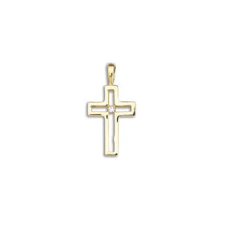 14k Yellow Gold Small Block Cross Pendant with Center Diamond