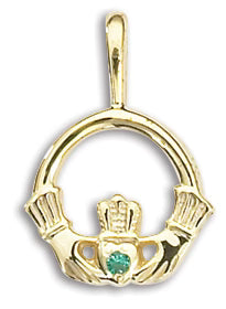 14k Solid Yellow Gold Medium Claddagh Pendant with Emerald