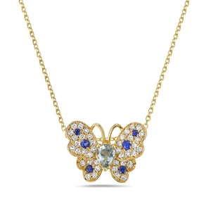 14k Yellow Gold Diamond and Sapphire Butterfly Necklace