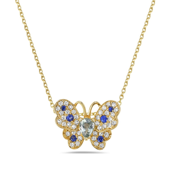 14k Yellow Gold Diamond and Sapphire Butterfly Necklace