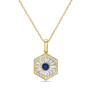 14k Yellow Gold Sapphire and Diamond Pendant on an adjustable 16-18" Chain.