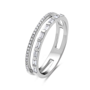 14k White Gold Double Row Band with Baguette and Round Diamonds