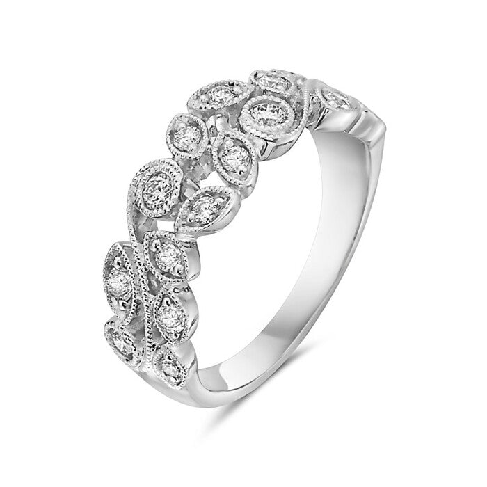 14k White Gold Diamond Leaf Pattern Ring
