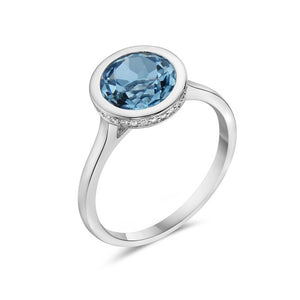14k White Gold Round Blue Topaz and Diamond Ring