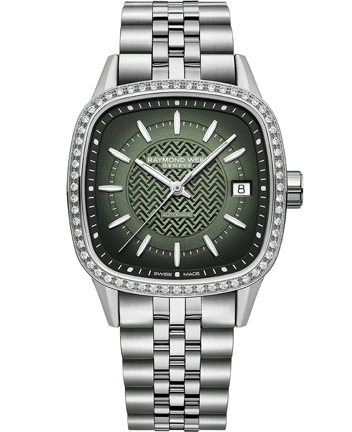 One Ladies Freelancer Automatic Raymond Weil Watch on a Stainless Steel Bracelet with a Green Dial