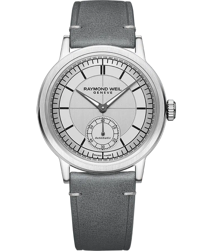 One Gents 39.5mm Millesime Automatic Raymond Weil Watch on a Grey Leather Strap