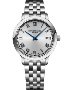 One Ladies 34mm Stainless Steel Quartz Raymond Weil Toccata Watch with a Round Silver Dial.