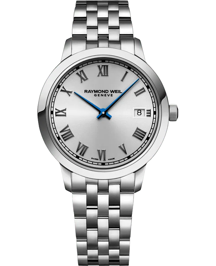 One Ladies 34mm Stainless Steel Quartz Raymond Weil Toccata Watch with a Round Silver Dial.
