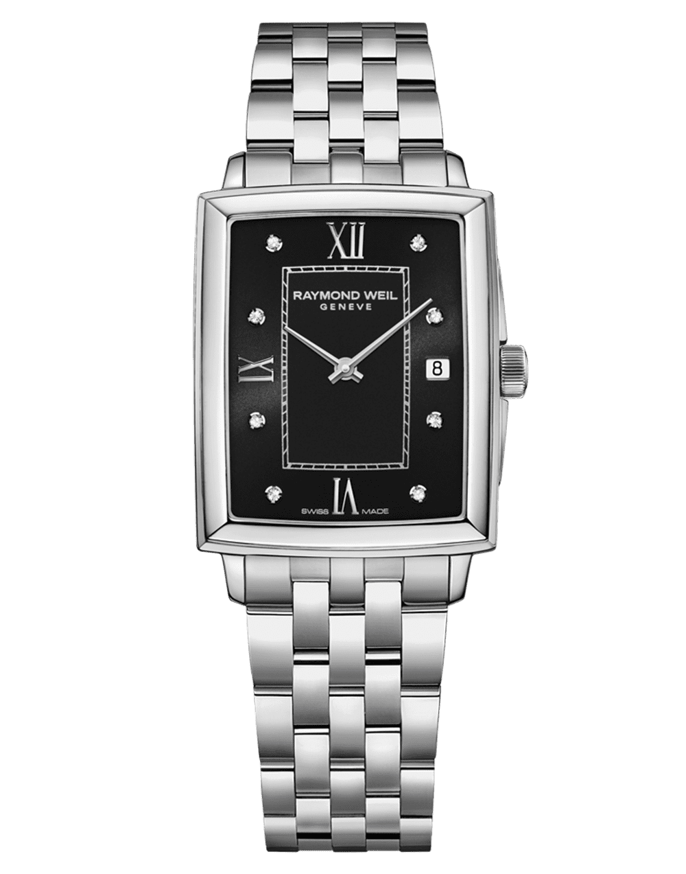 One Ladies Stainless Steel Toccata Tank Style Quartz Watch with Black Diamond Dial