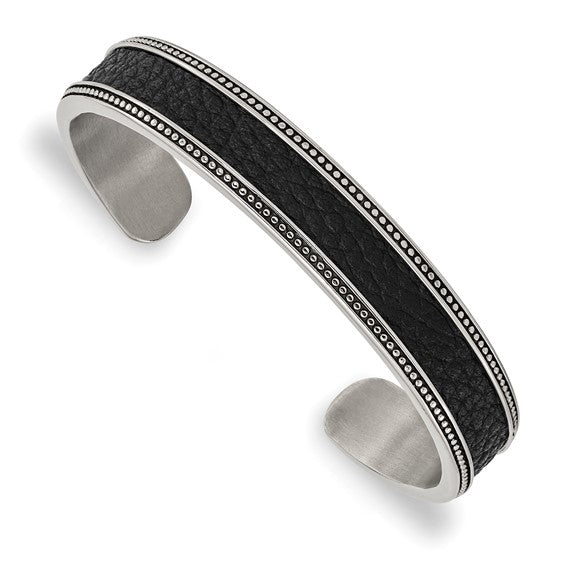 Gents Stainless Steel Antiqued and Polished with Textured Leather Cuff