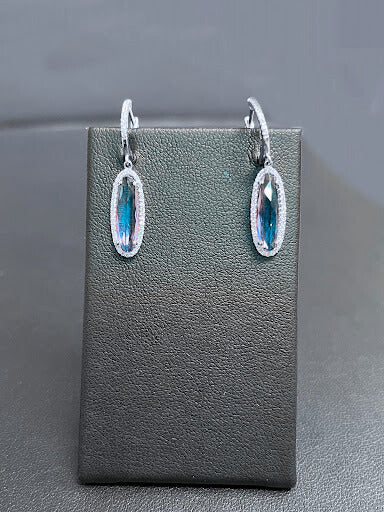 14k White Gold Blue Topaz Diamond Oval Drop Earrings