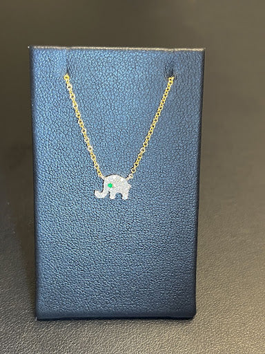Dilamani 14k Yellow Gold Diamond Elephant Pendant with Emerald