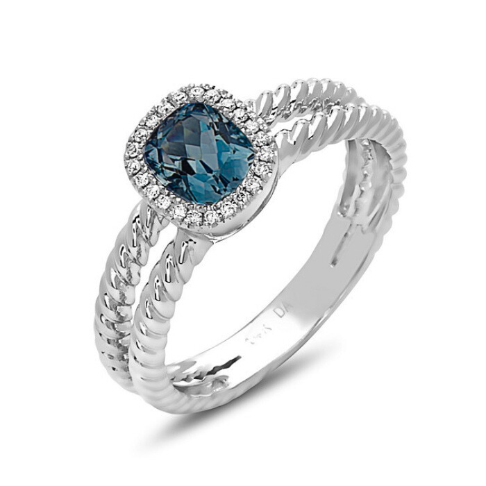 14k White Gold Blue Topaz and Diamond Ring