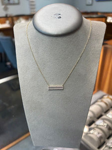 14k White Gold Mother of Pearl and Diamond Horizontal Bar Pendant on 16-18" Cable Chain.