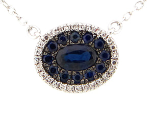 14k White Gold Blue Sapphire and Diamond Oval Cluster Necklace