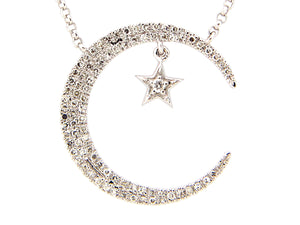 14k White Gold Diamond Crescent Moon and Dancing Star Necklace