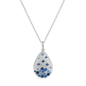 14k White Gold Sapphire and Diamond Pear Shaped Satin Finish Pendant Necklace