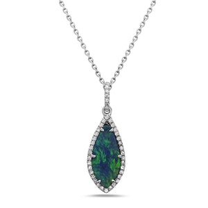 14k White Gold Marquise-Shaped Black Opal and Diamond Pendant