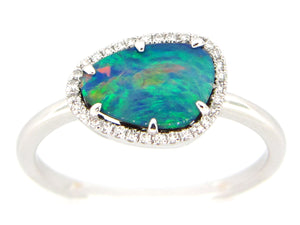 14k White Gold Black Opal Doublet and Diamond Ring