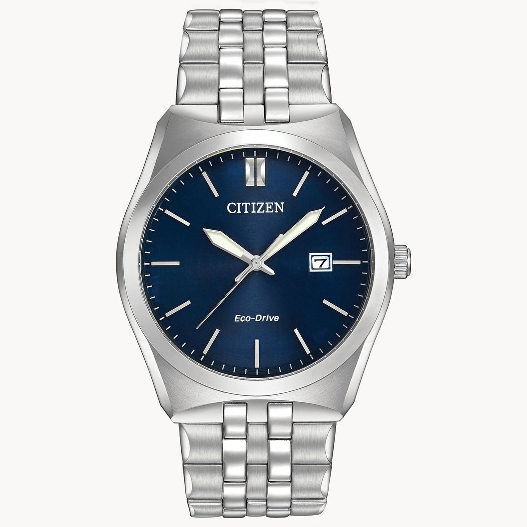 Gents Stainless Steel Citizen Eco-Drive Corso Watch with a Dark Blue Dial and a Mineral Crystal