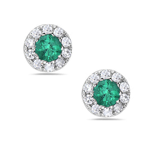 14k White Gold Emerald and Diamond Halo Earrings