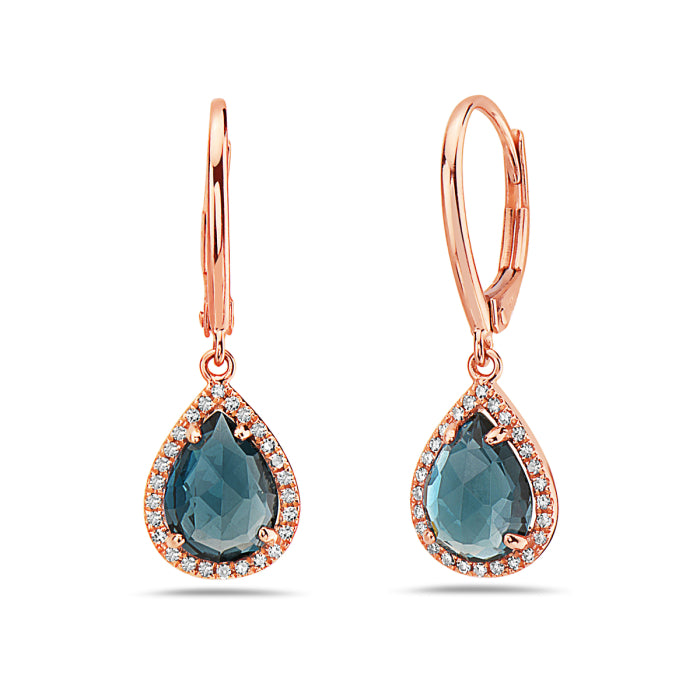 14k Rose Gold London Blue Topaz and Diamond Dangle Earrings
