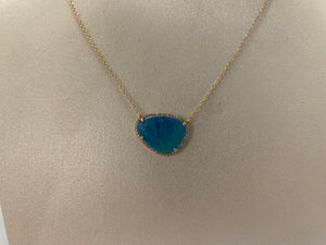 14k Yellow Gold Kidney Shaped Blue Opal Pendant with Diamonds
