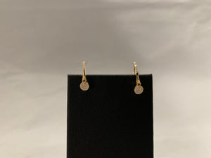 14k Yellow Gold Diamond Hoop Earrings with a Dangle Diamond Disc